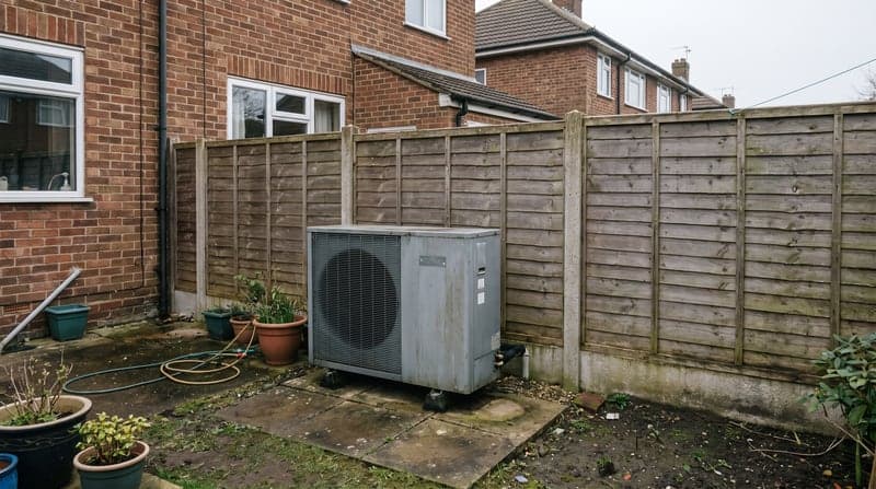 An air source heat pump on a paved area close to a garden boundary, the neighbouring house beyond