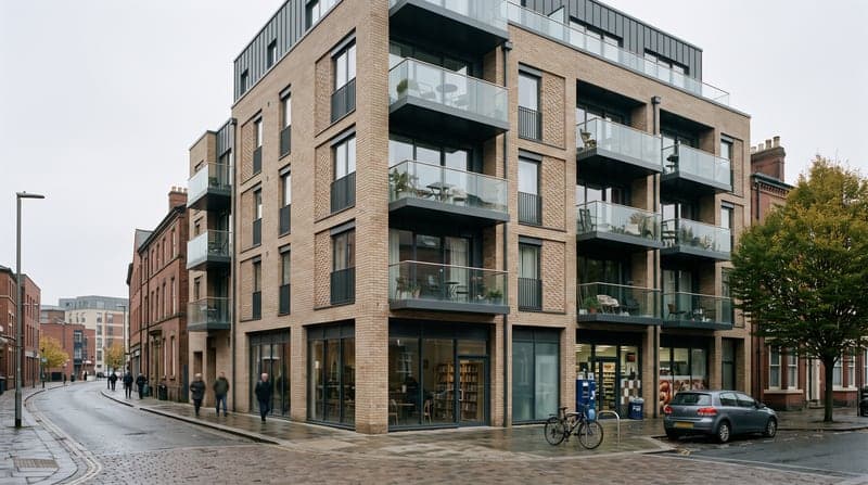 A contemporary city-centre building with commercial units below and apartments above