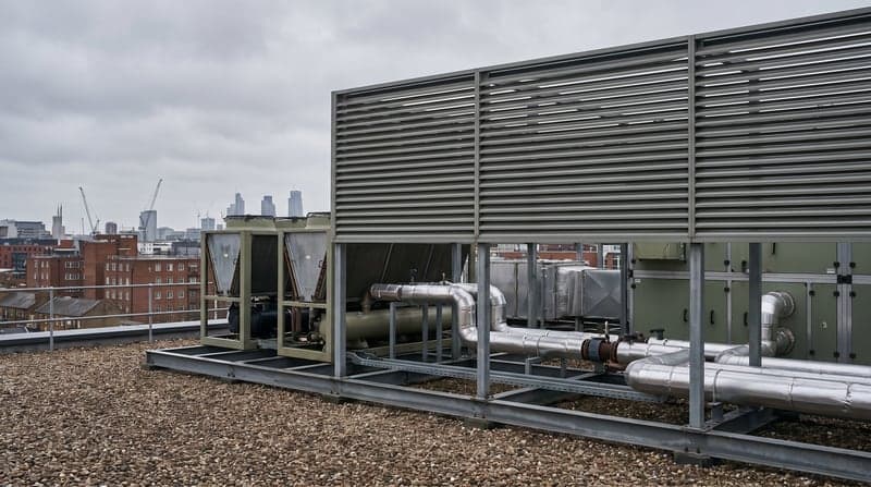 The plant deck of an office building: chillers and air handling units behind louvred screening
