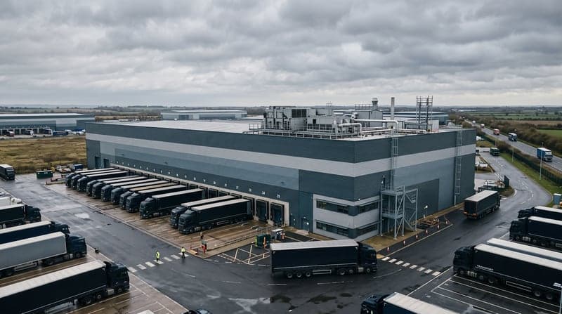 A large distribution warehouse in a logistics park, rooftop plant visible along the roofline