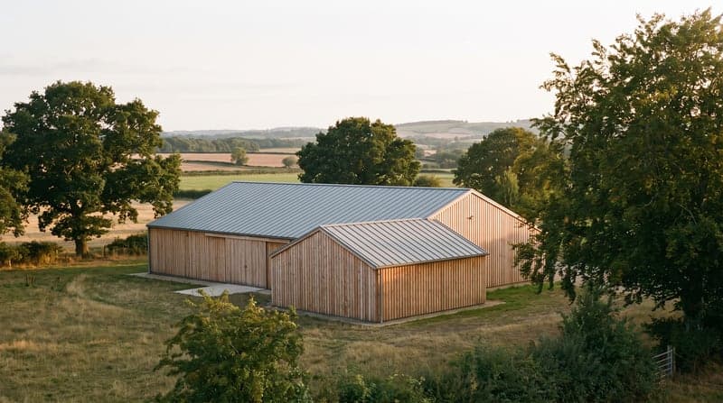 A large timber activity barn on a rural estate, surrounded by mature trees and open farmland