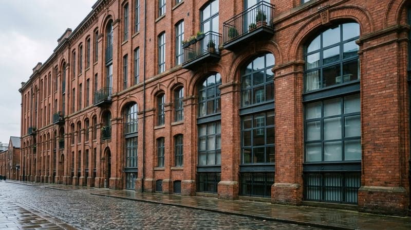 A Victorian red-brick mill building converted to apartments, original arched windows reglazed