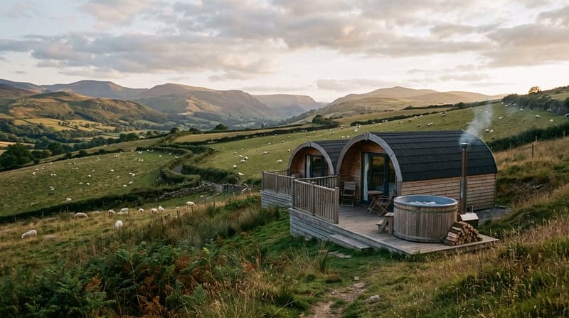 Timber glamping pods and a hot tub on a hillside field, hills fading behind in evening light