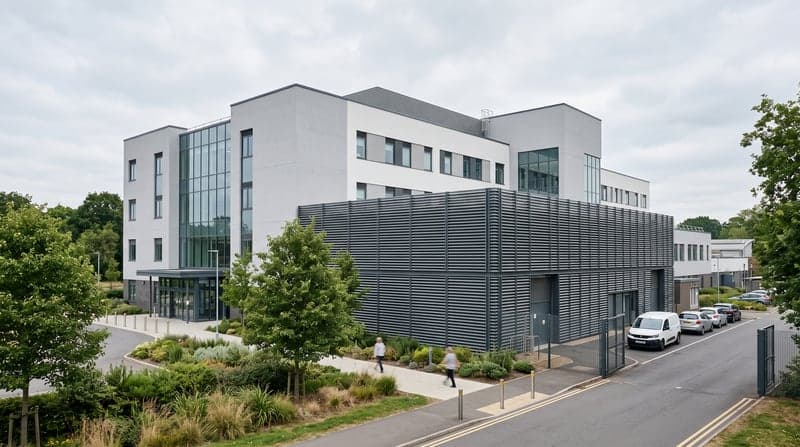 A modern hospital building with an external plant compound behind acoustic louvres