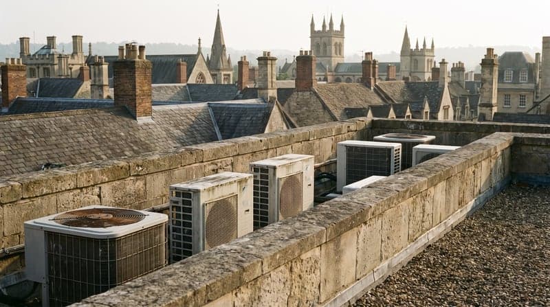 Condenser units standing behind a stone parapet on the roof of a period city-centre building