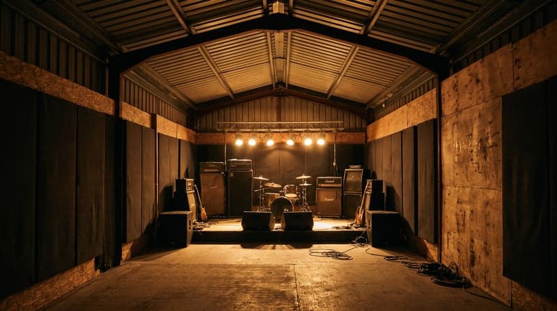 The interior of a warehouse unit fitted out as a rehearsal and performance space
