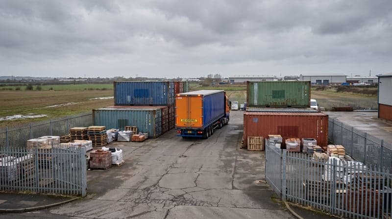 An open storage yard on an industrial estate: stacked containers, palletised goods and an HGV