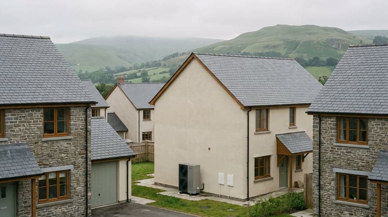 A small rural housing development with an air source heat pump standing against a gable wall