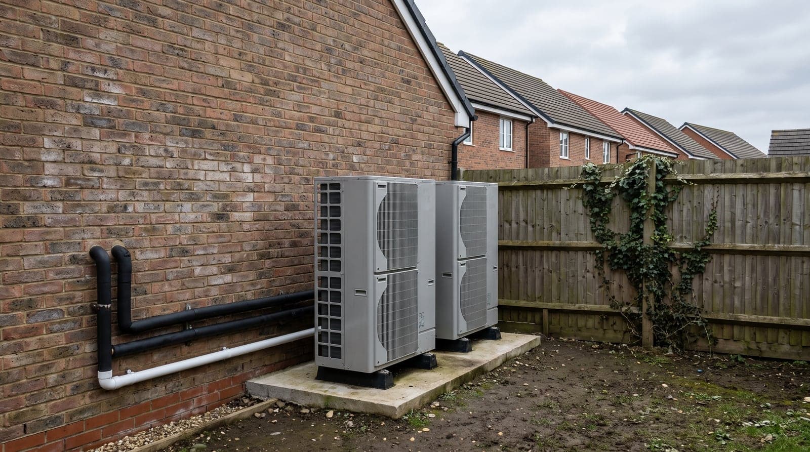 Two air source heat pump units on a plinth against the rear wall of a house