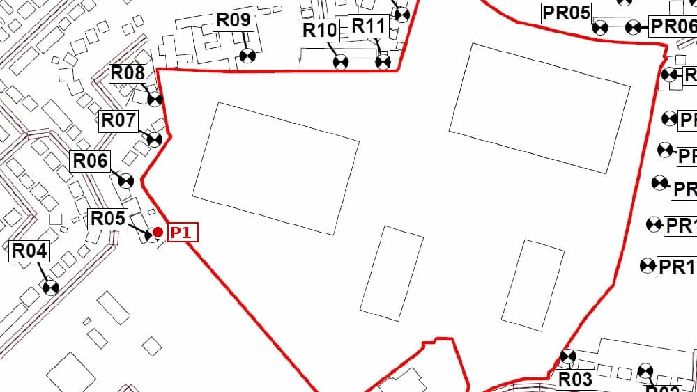 Site plan of Astley Business Park with the estate boundary in red, the assessed receptor positions R04 to R13 marked along the houses on its western edge, and the July 2026 measurement position P1 beside receptor R05