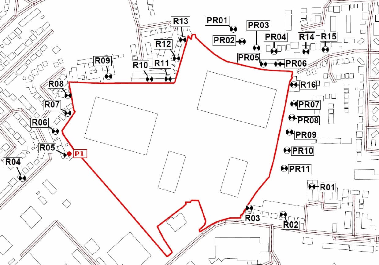 Plan of Astley Business Park with the site boundary marked in red, the 27 assessed receptor positions around it, and the July 2026 measurement position P1 marked beside receptor R05 on Withington Drive
