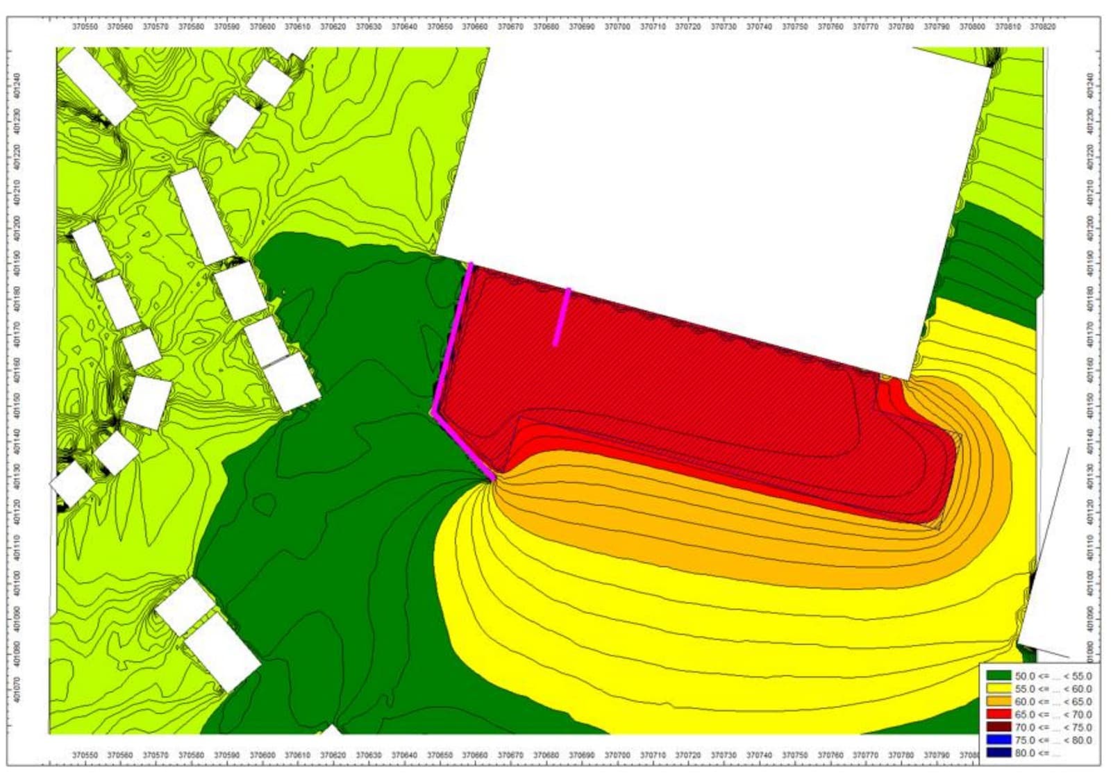 Noise contour map of Astley Business Park and the surrounding houses, modelled on the source data of the approved assessment. The nearest houses on Withington Drive sit in the green bands below 55 dB.