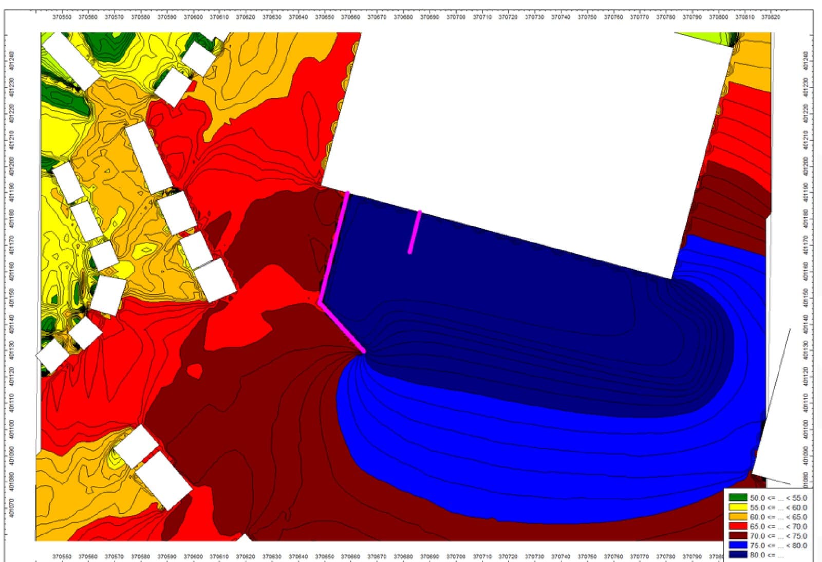 The same noise contour map modelled on source levels calibrated to the July 2026 measurements. The service yard turns dark blue, 80 dB and above, and the red bands of 65 dB and more reach across the nearest houses.