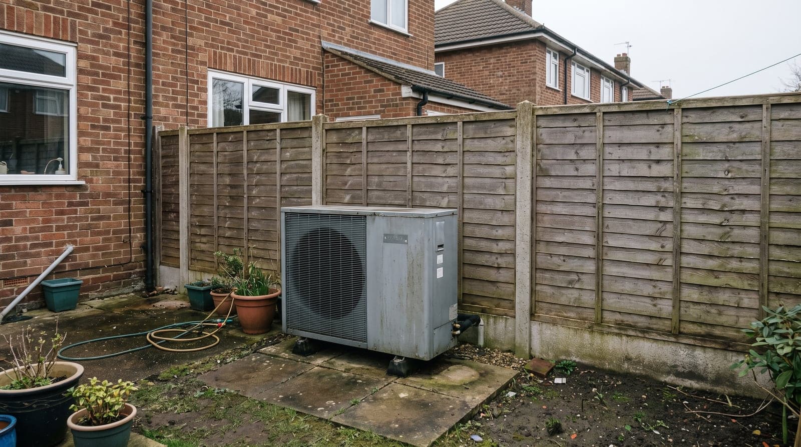 An air source heat pump on a paved area close to a garden boundary, the neighbouring house beyond
