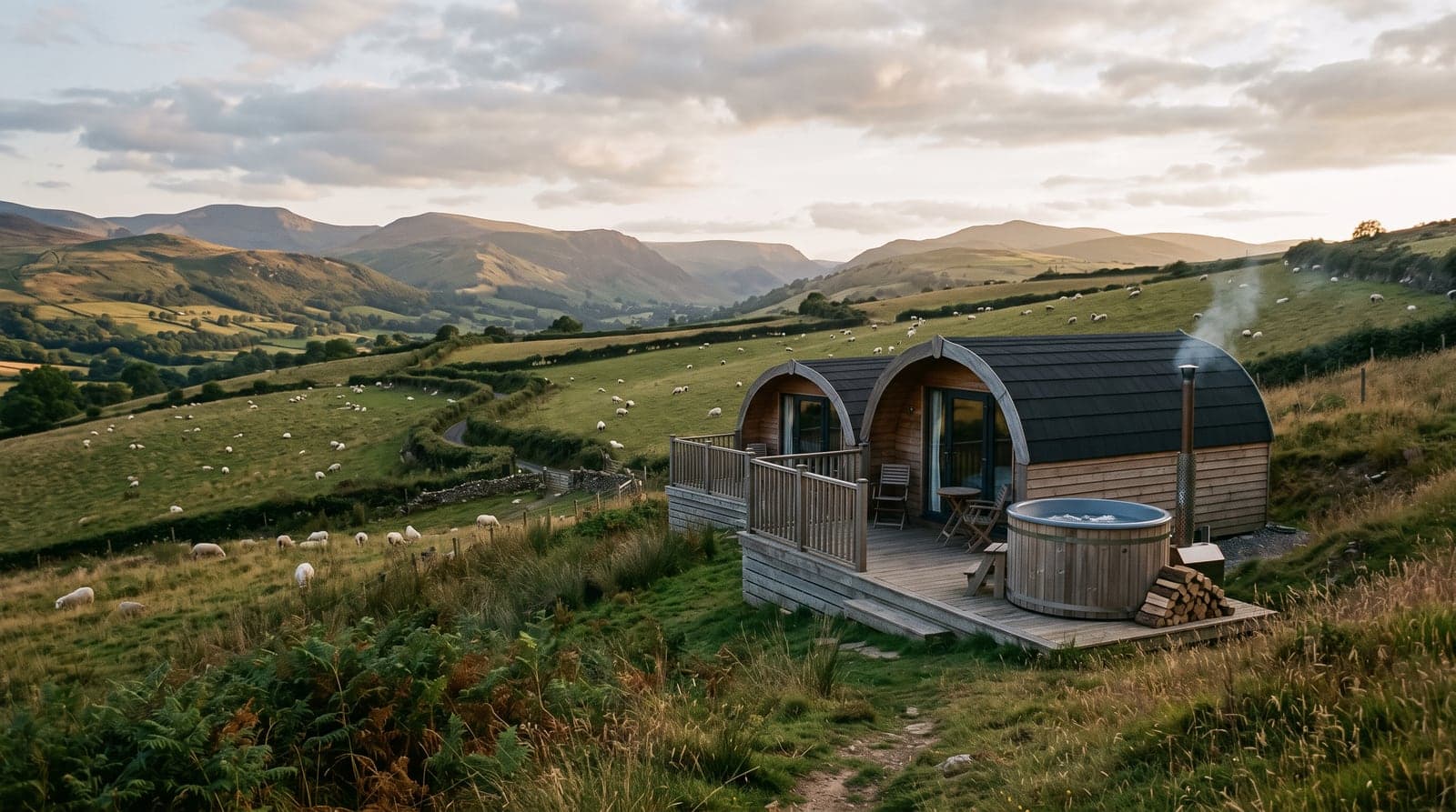 Timber glamping pods and a hot tub on a hillside field, hills fading behind in evening light