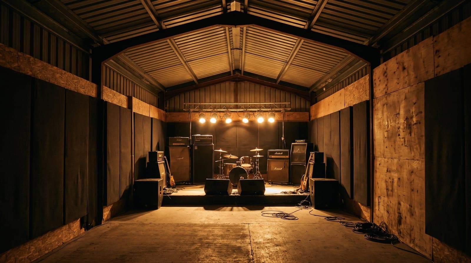 The interior of a warehouse unit fitted out as a rehearsal and performance space