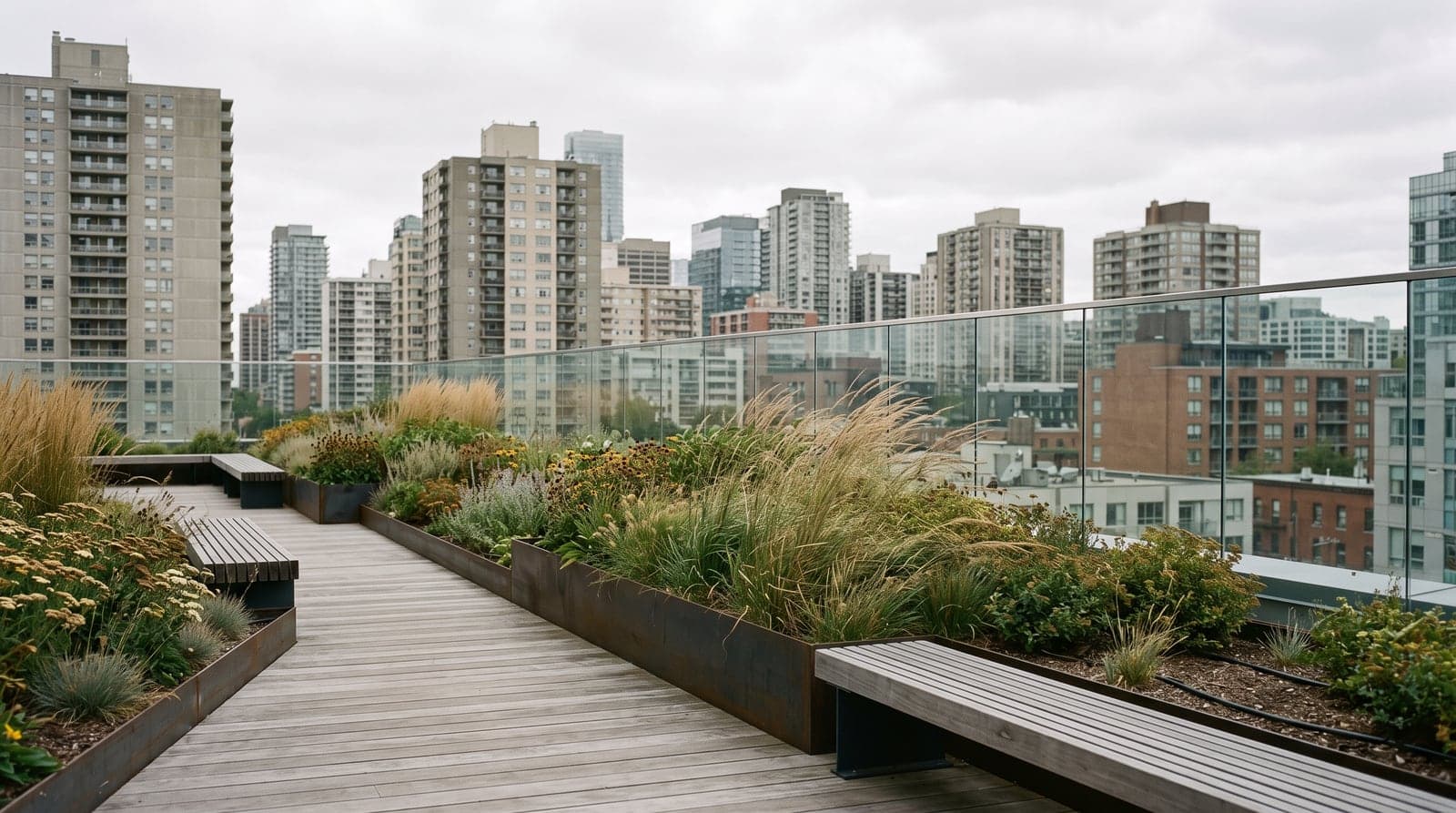 A landscaped roof terrace on a city-centre building, planters and benches with apartment towers beyond