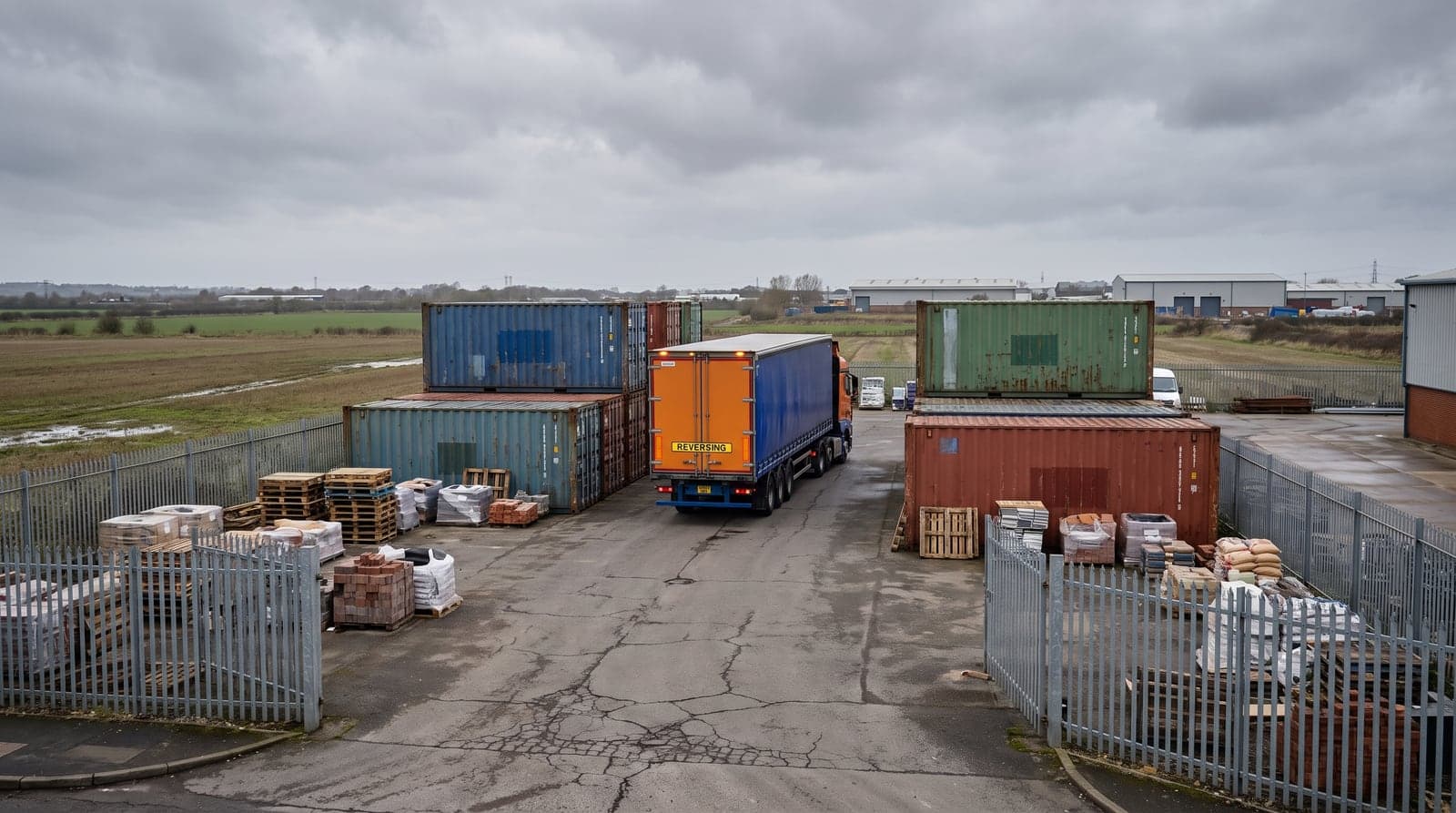 An open storage yard on an industrial estate: stacked containers, palletised goods and an HGV