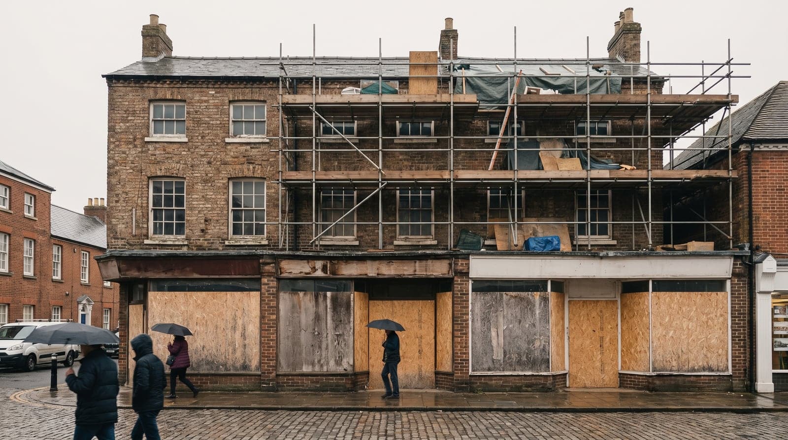 A three-storey brick building on a market-town high street, upper floors under conversion