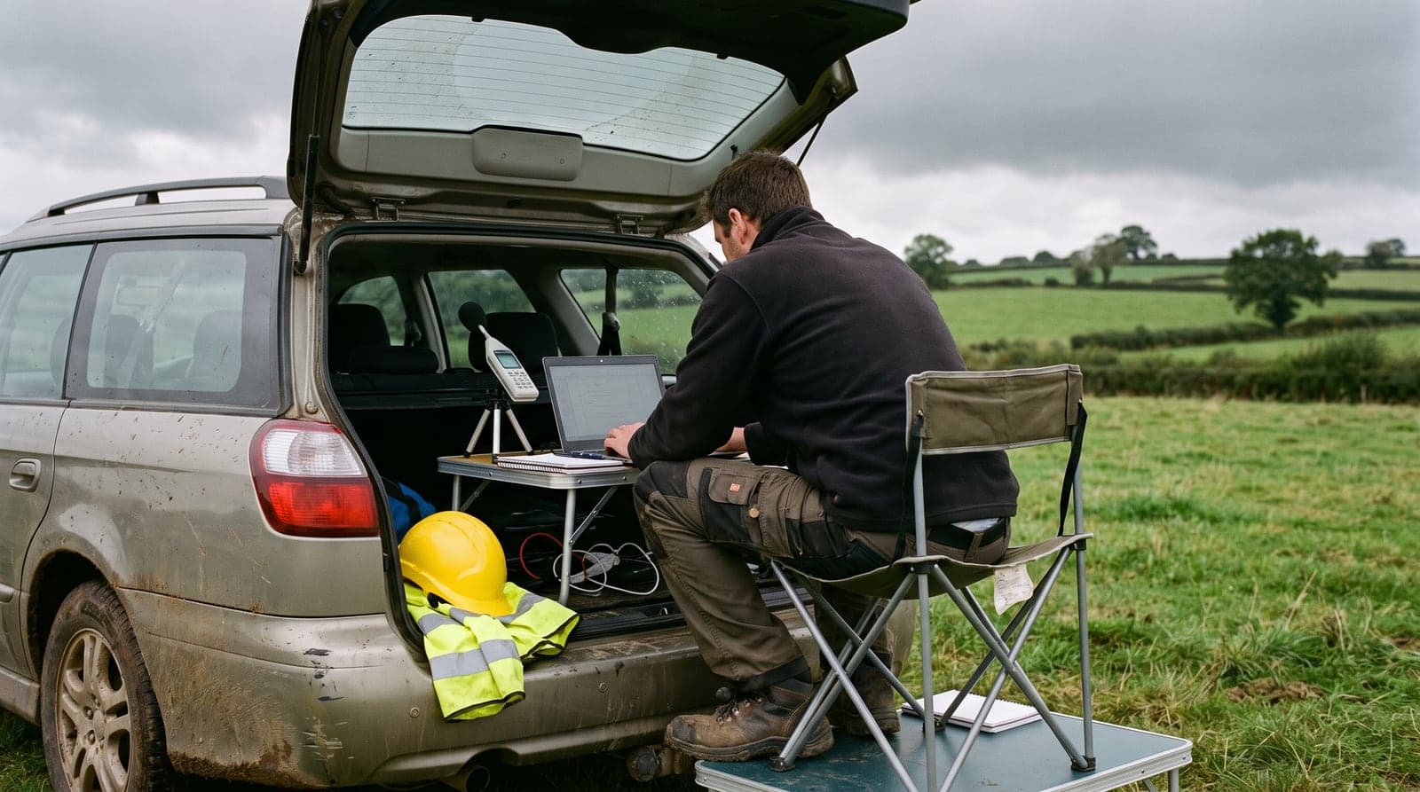 A consultant working at a laptop set up in the boot of an estate car at a survey site