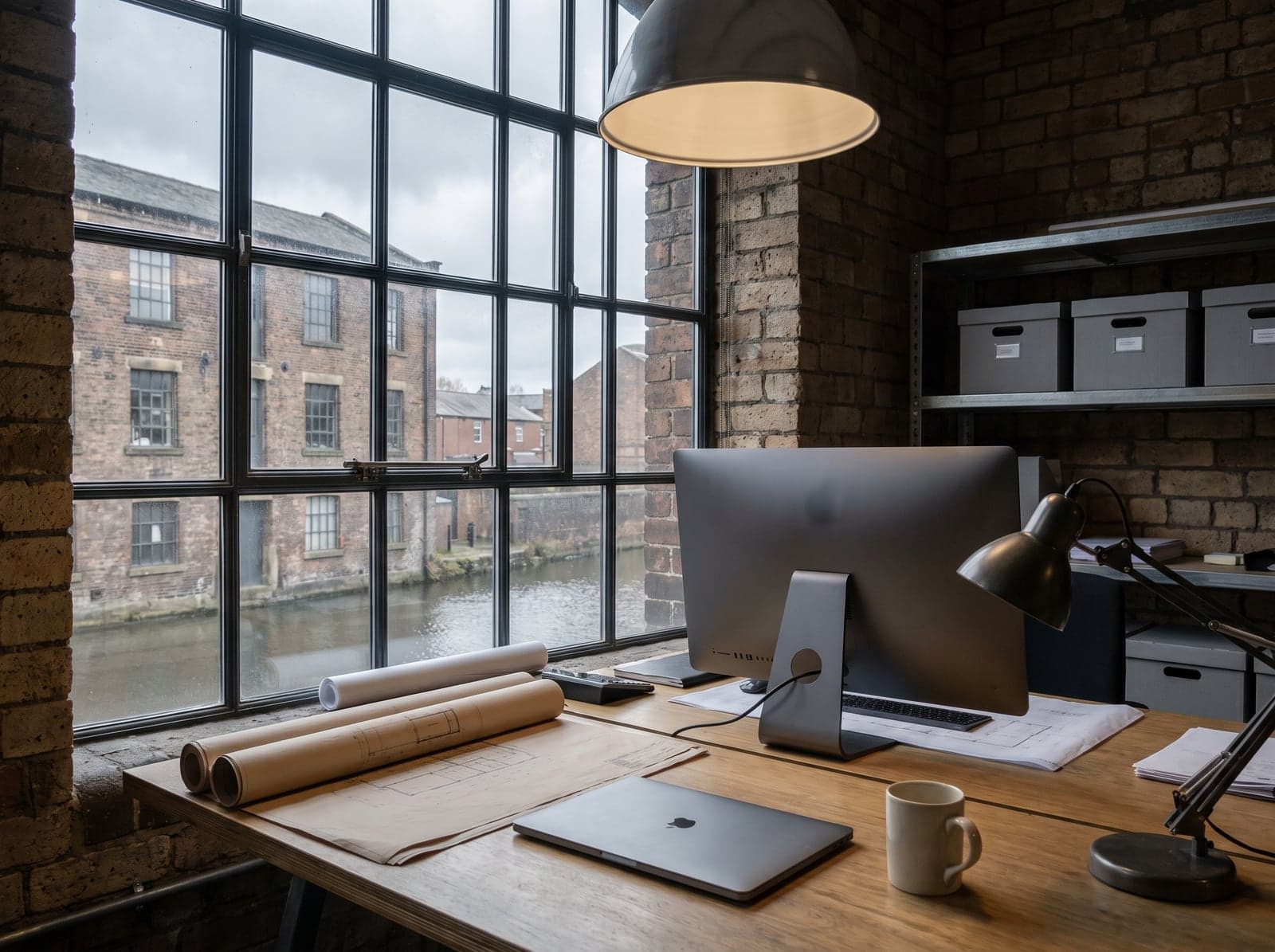 A consultancy desk in a converted mill, with a monitor, printed drawings and boxes of project files
