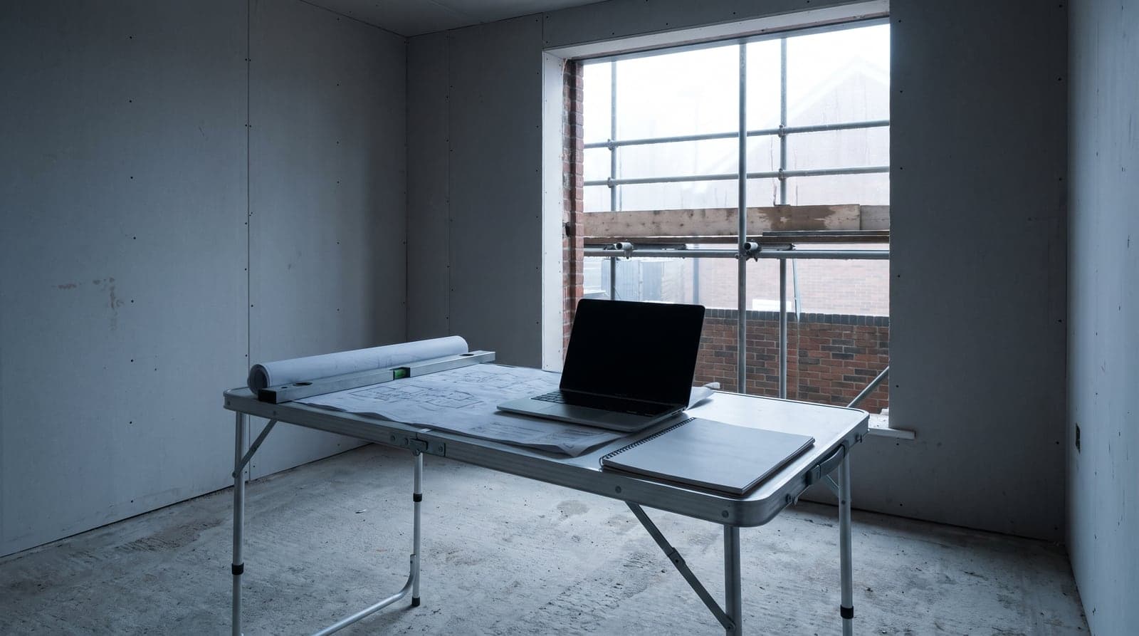 A laptop and rolled drawings on a folding table inside a part-finished building