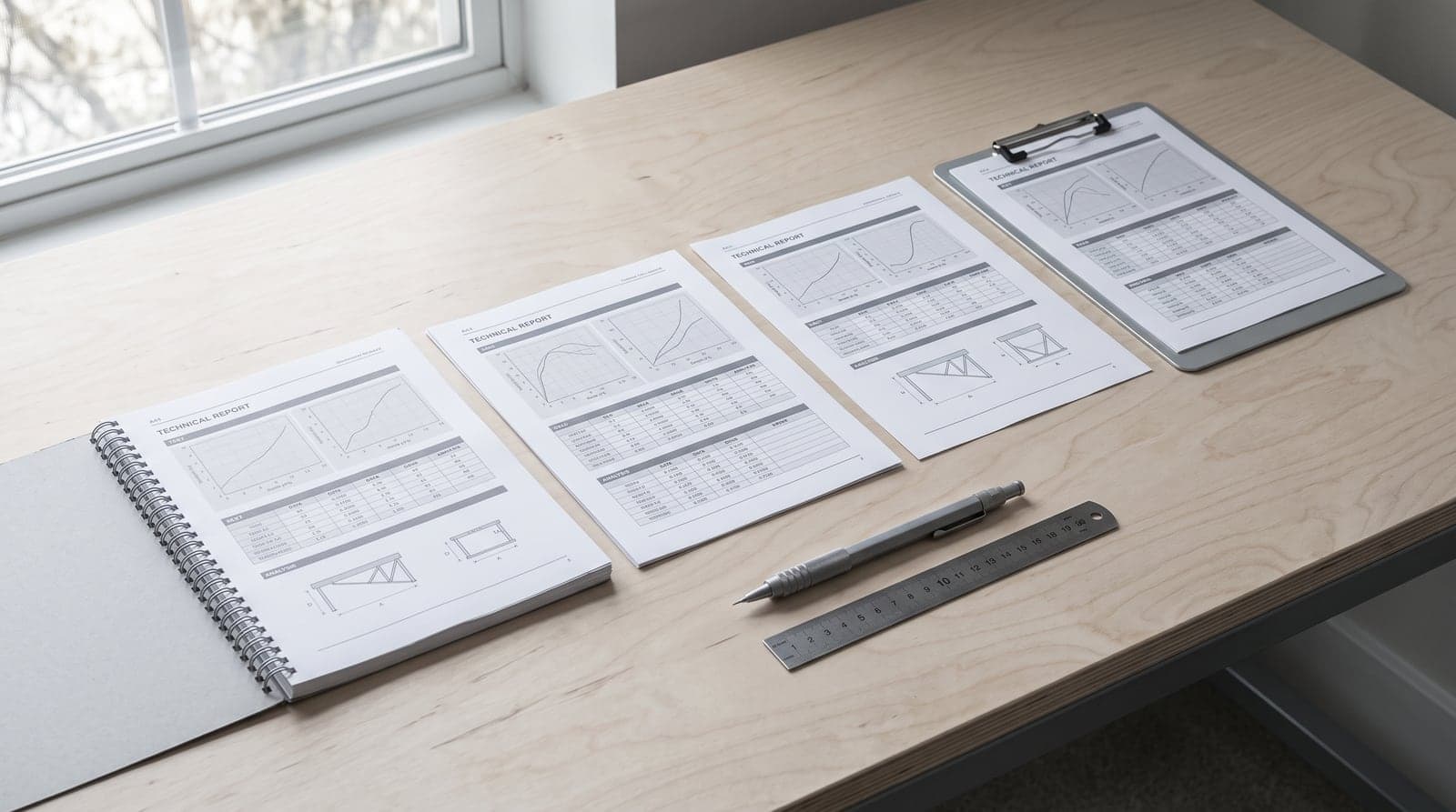 Printed technical reports with charts and tables laid out on a desk by a window