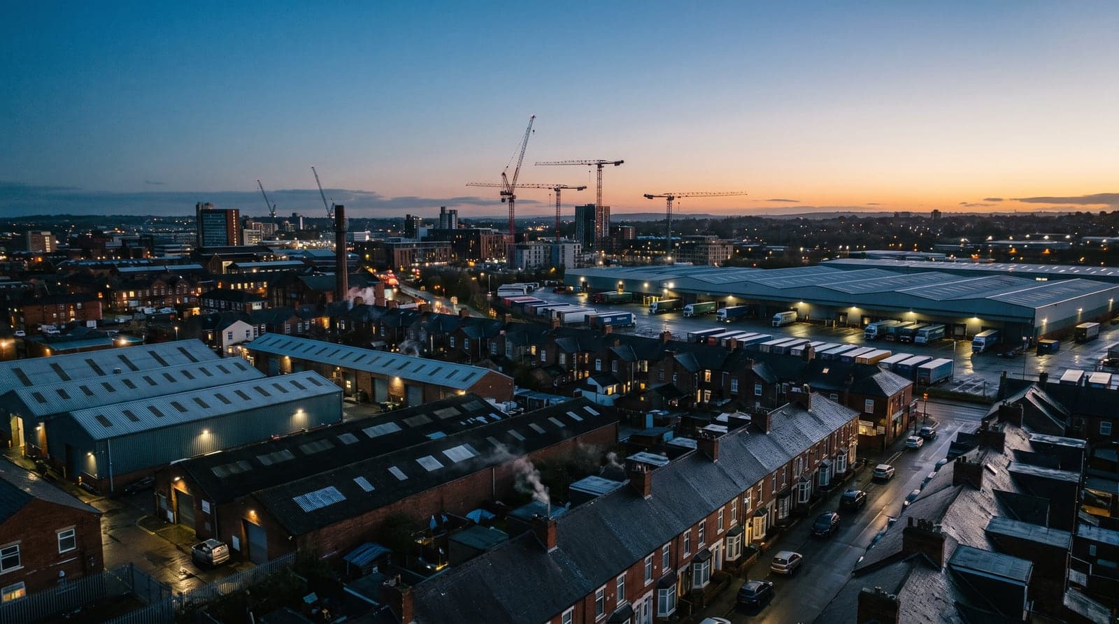 A wide urban panorama at dusk: industrial sheds, terraced housing and tower cranes