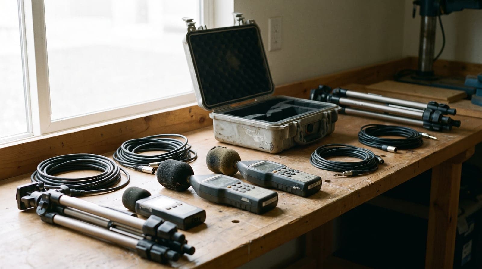 Acoustic survey equipment laid out on a workshop bench: meters, windshields, tripods and cases