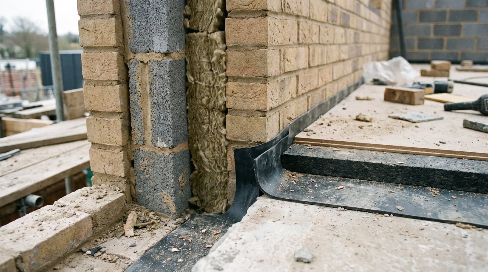 A building junction under construction, showing a twin-leaf wall and a floating floor build-up