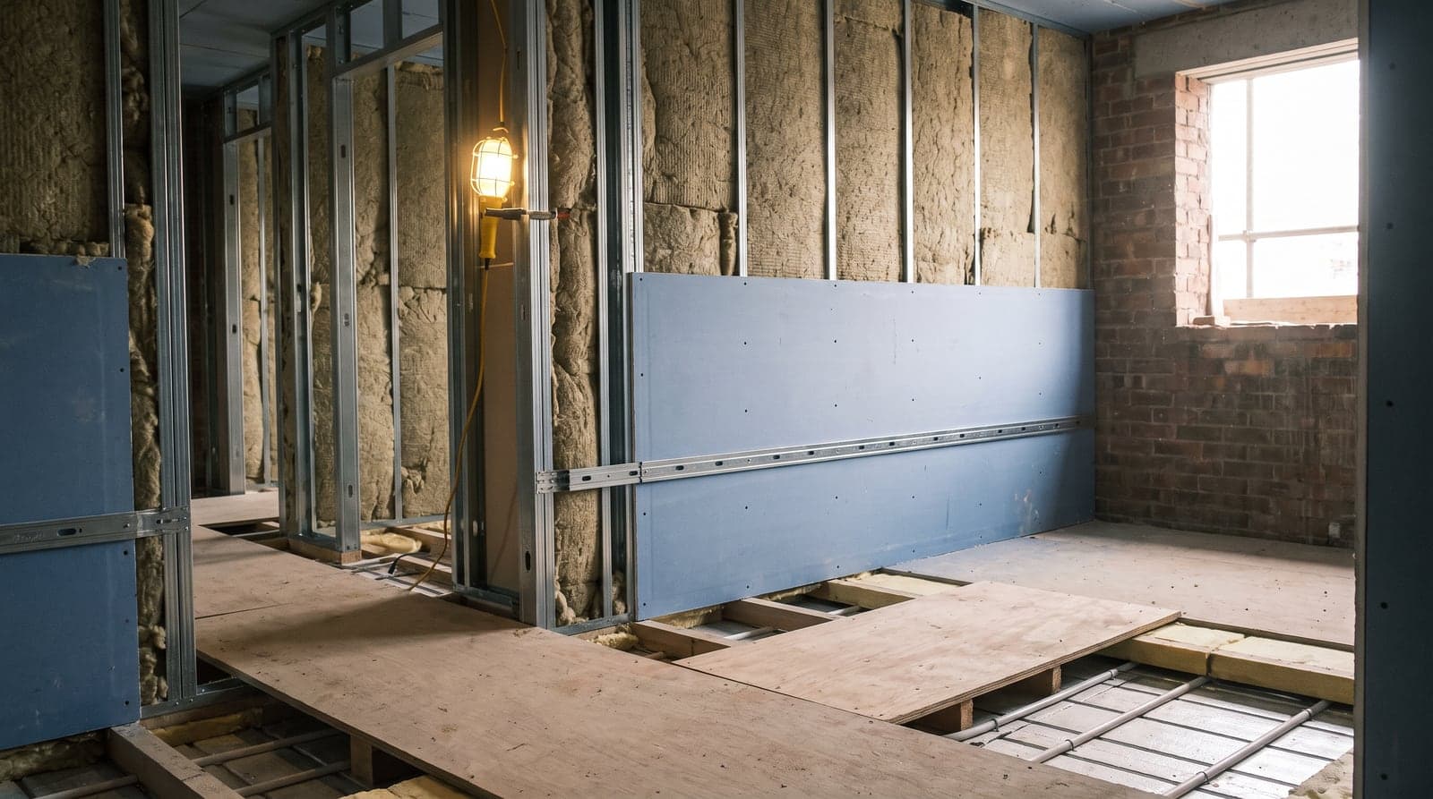 A partition under construction with mineral wool, resilient bars and acoustic board part-fixed
