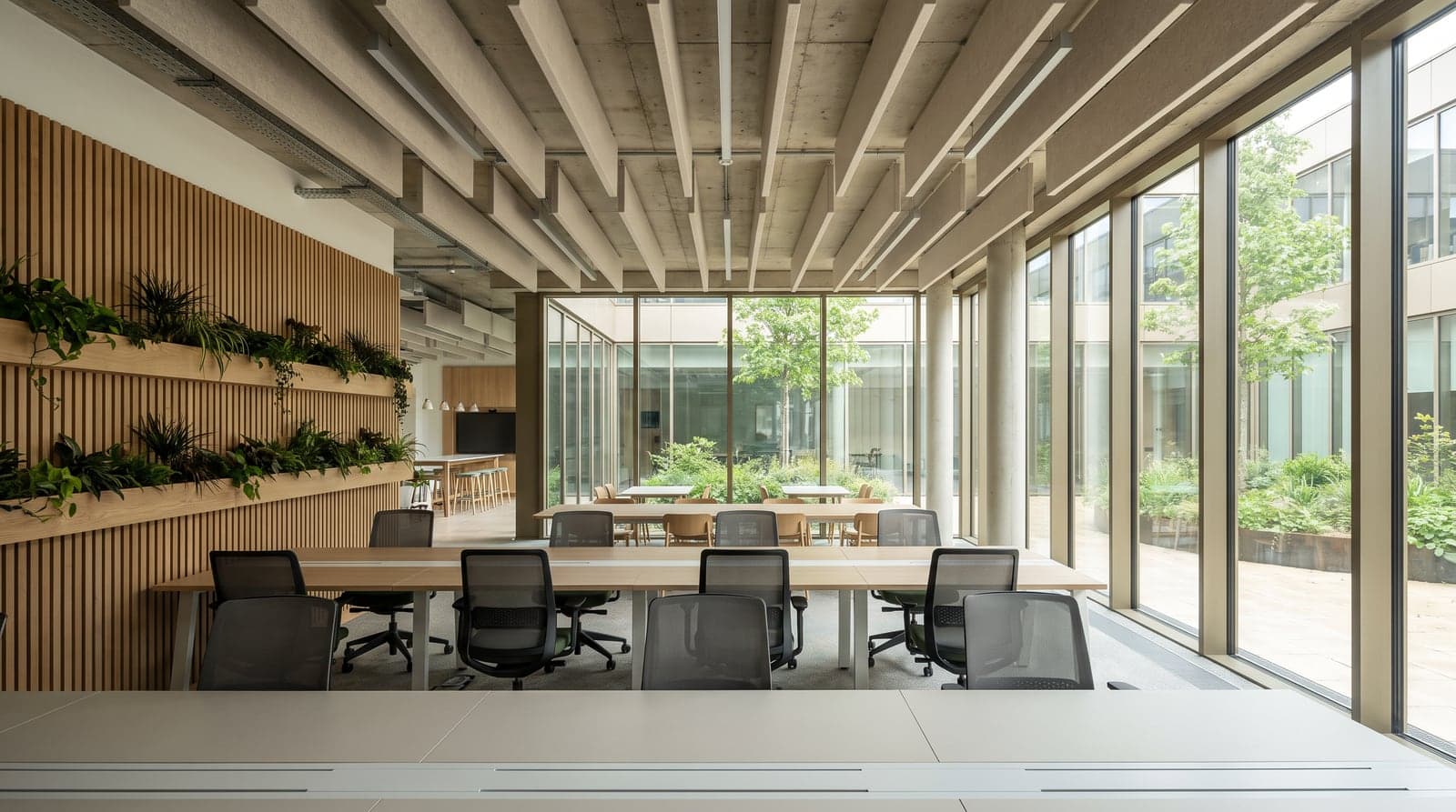 A sustainable office interior with acoustic ceiling baffles and timber slatted wall panels