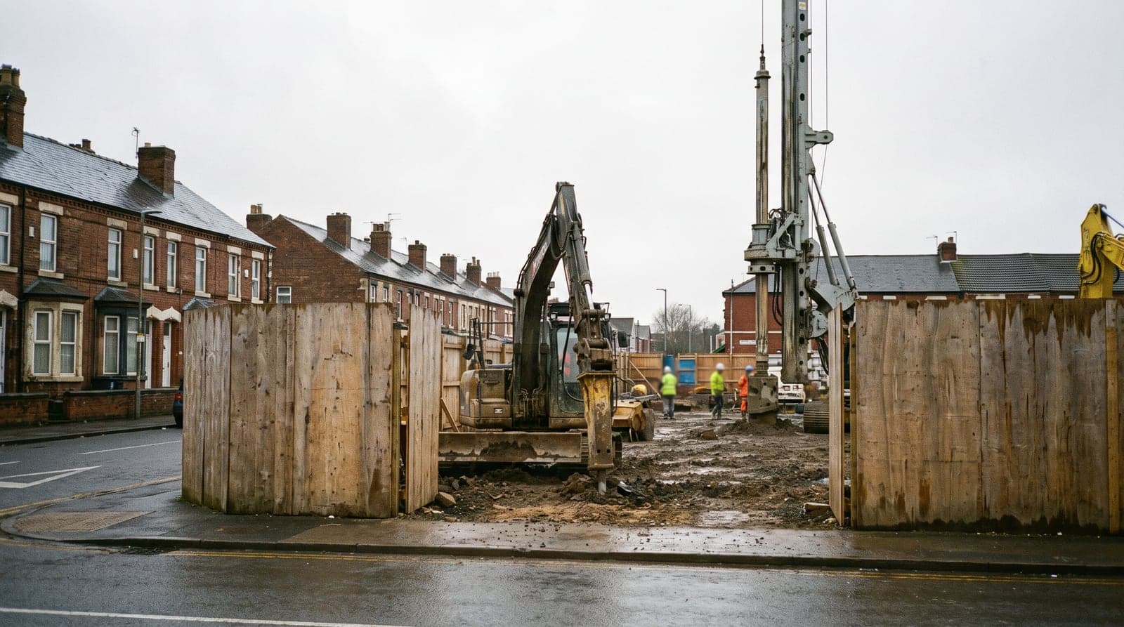 An urban construction site with an excavator working alongside terraced housing