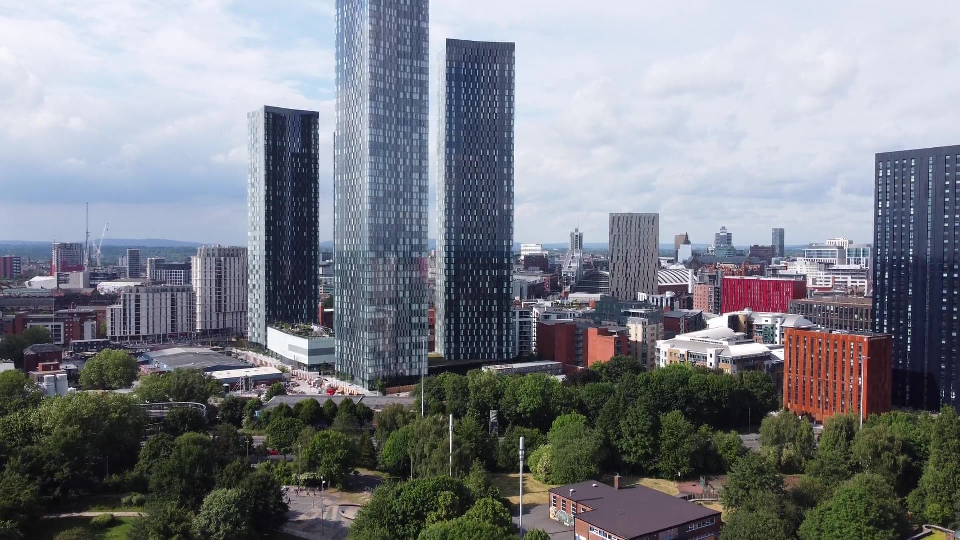 Manchester from the air, the Deansgate Square towers above the city