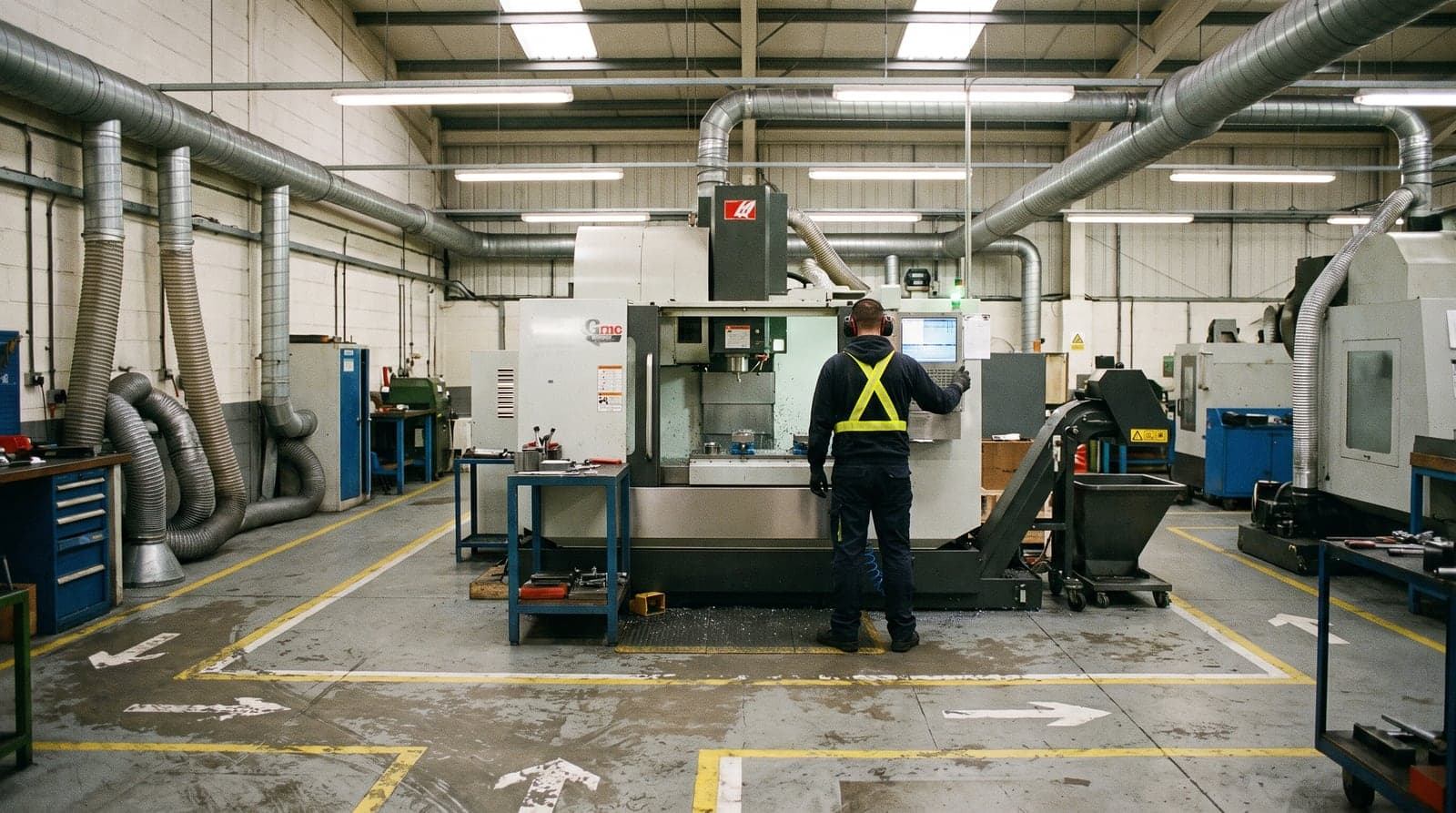A light-industrial factory floor with machinery and an operator wearing ear defenders