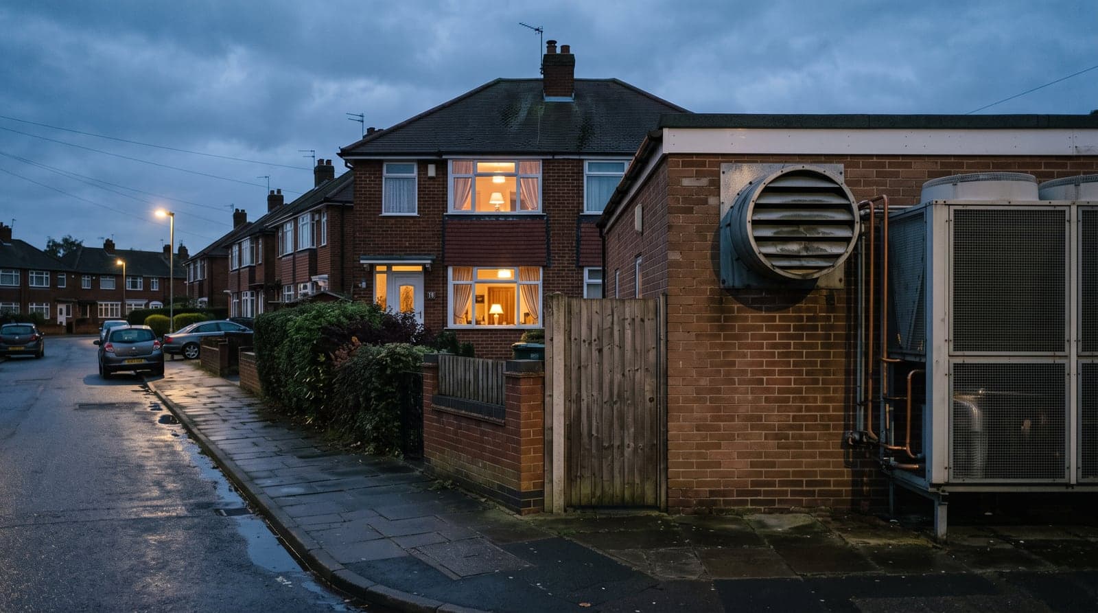 A residential street where a commercial extract fan and condenser sit on the boundary