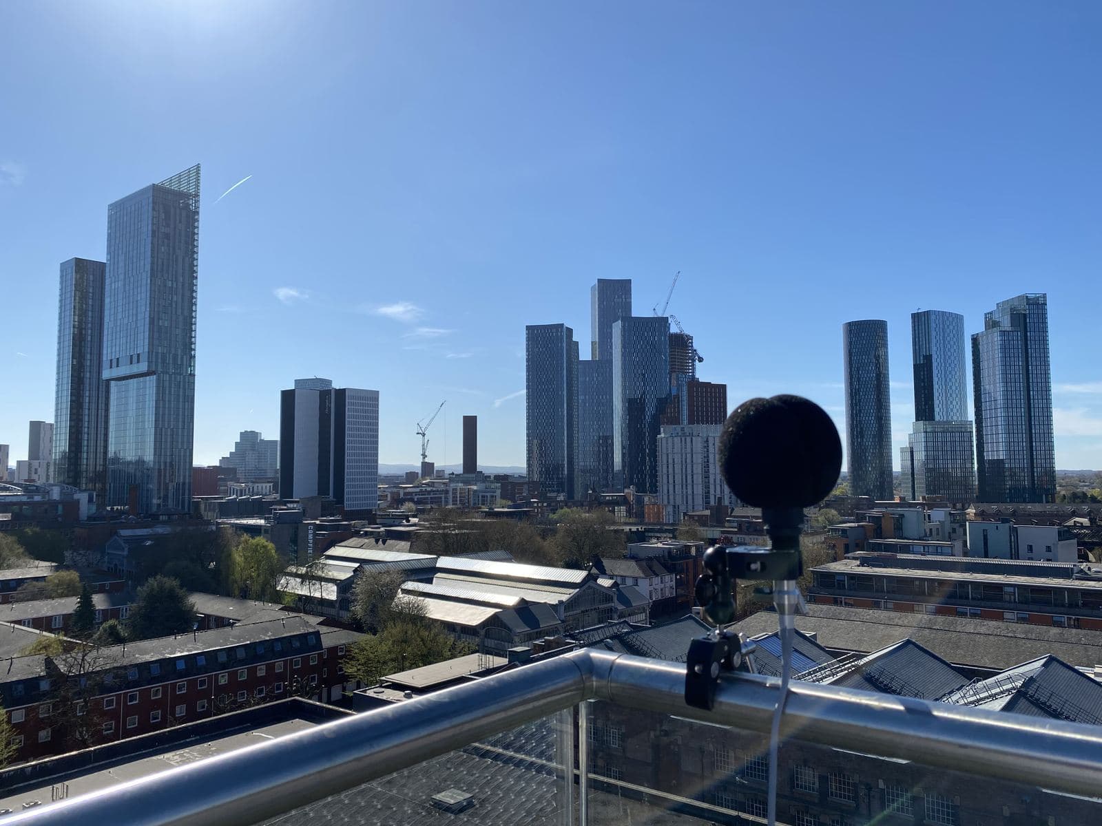 A sound level meter monitoring overnight on a Manchester rooftop