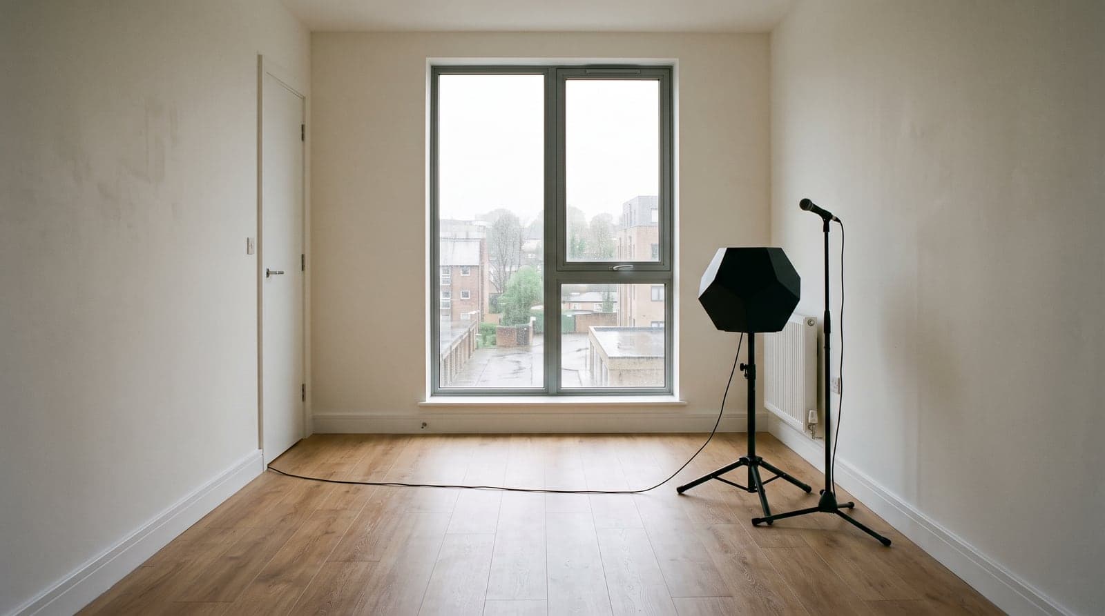 A sound source and a measurement microphone set up in a newly finished flat