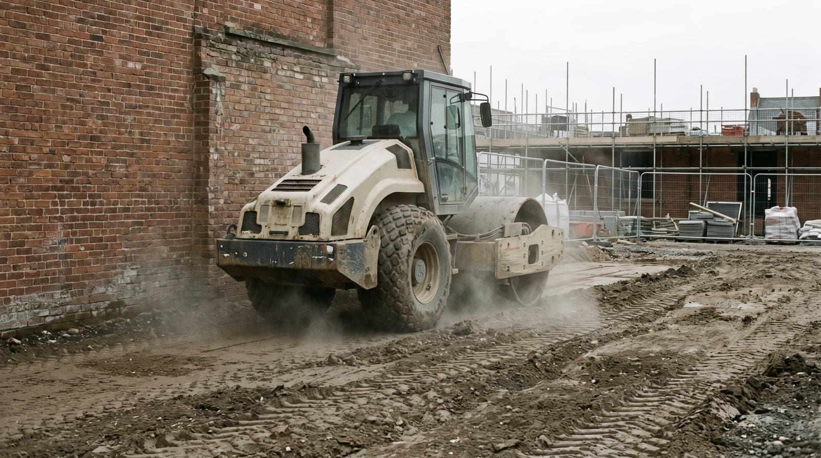 A vibrating roller compacting ground close to the flank wall of an existing building